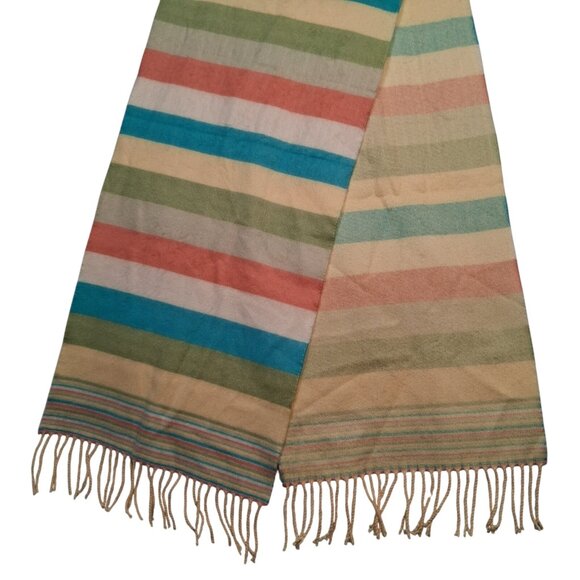 Unbranded Accessories - Cashmere Scarf Fringe Pastel Striped Yellow Salmon Blue Green Made in Scotland
